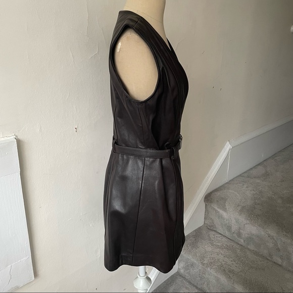 Vintage Jackie Bernard Brown Leather Sleeveless V-Neck Belted Mini Dress EUC 6 - Picture 4 of 7